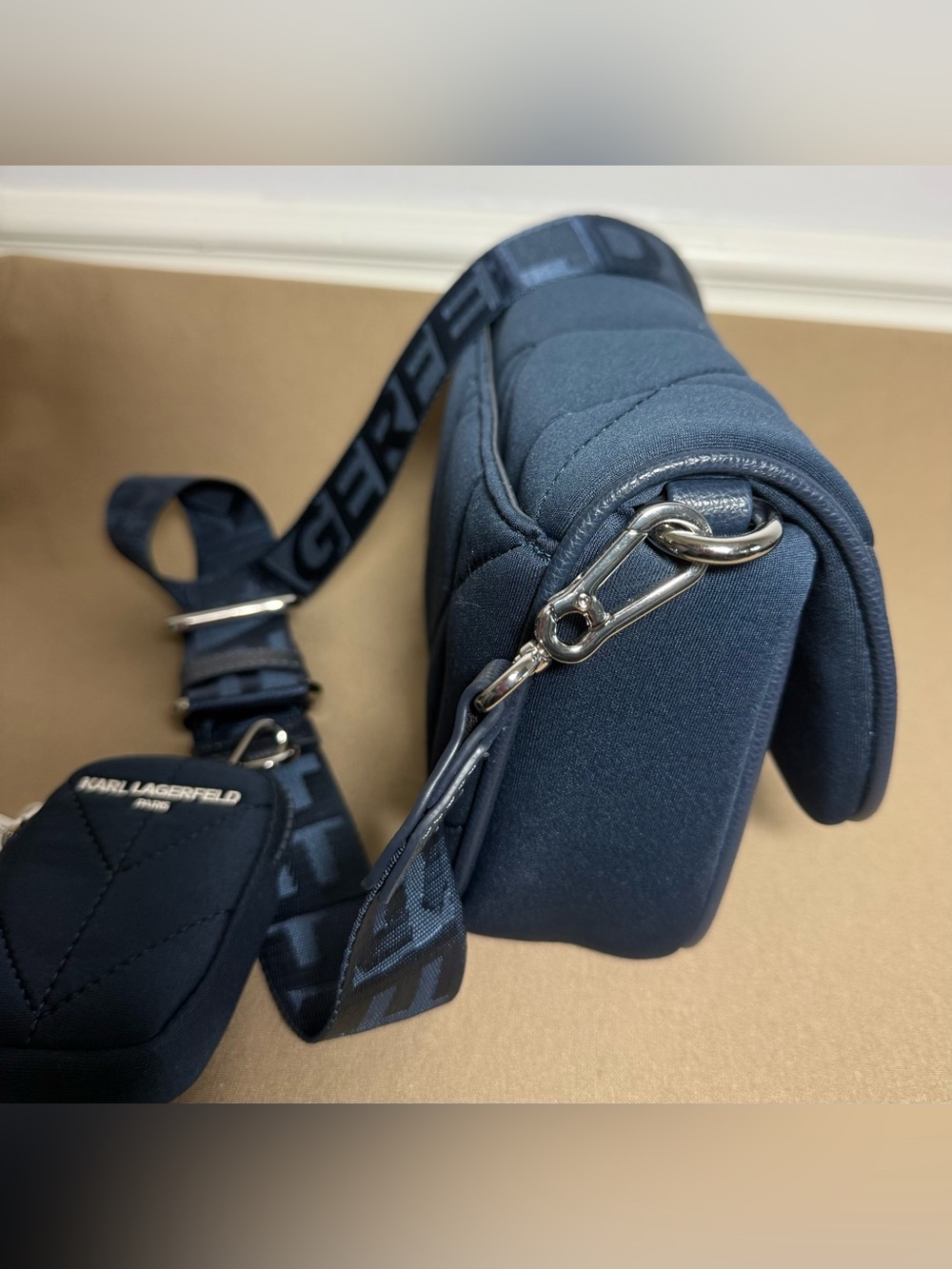 Karl Lagerfeld Navy Quilted Crossbody with Branded Strap and Pouch - Picture 5 of 7